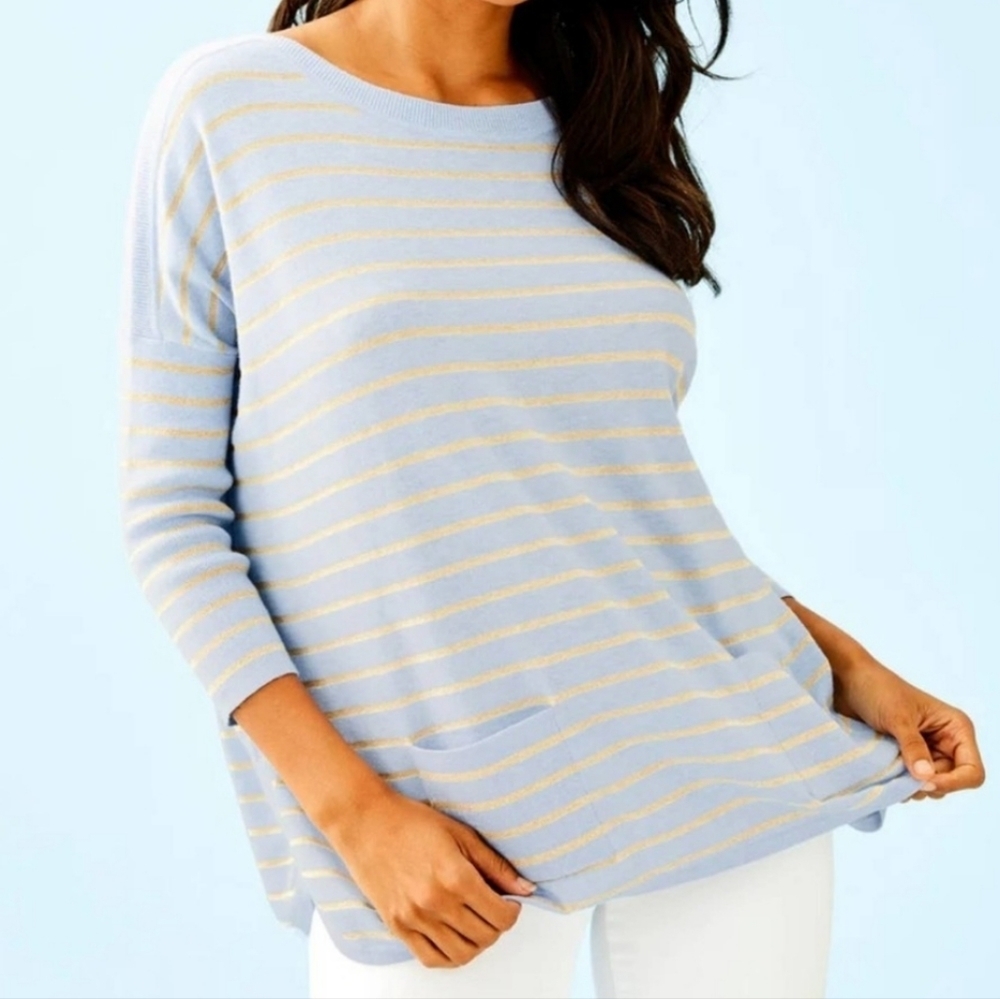 Lilly Pulitzer Light Blue and Gold Striped Boatneck Sweater